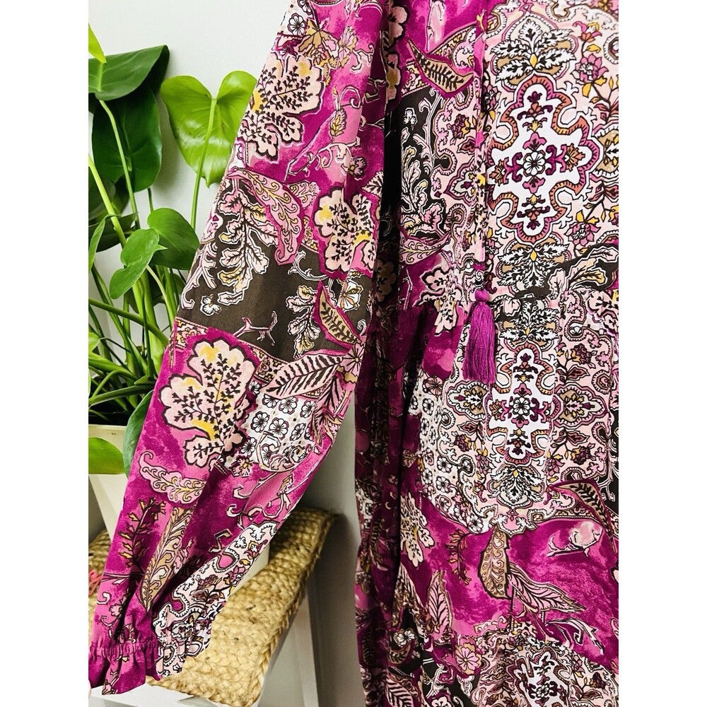 Wonderly Super Soft Fuchsia Floral Long Sleeve Ruffly Maxi Dress Tiered Sz Large - Picture 4 of 10